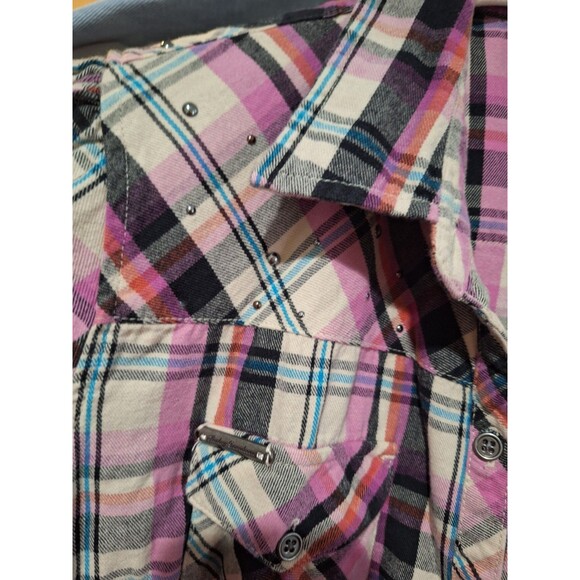 Harley Davidson Button Up Shirt Womens Xl Pink Plaid Embroidered Studded - HD - Picture 2 of 5